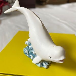 Mini Beluga Whale on ocean wave figurine 2.5” tall composite resin